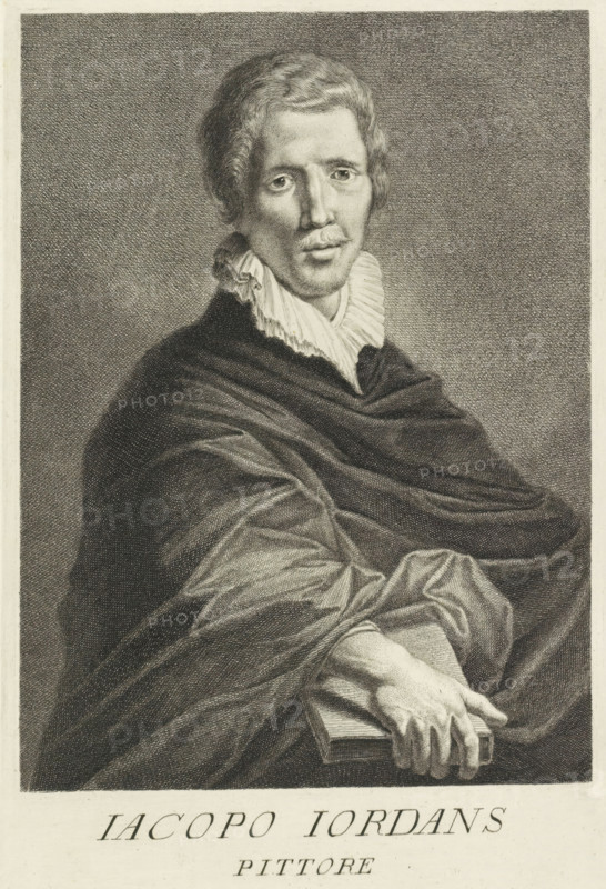 Portrait of artist Jacques Jordaens, Portraits of artists, print, book illustration, printmaker: Giovanni Domenico Campiglia, Italy, 1752 - 1762, paper, engraving, gravure, height 274 mm x width 175 mm, A monochrome engraved portrait of a man shown from the waist up, facing slightly toward the viewer with a calm expression, short wavy hair, a mustache, and a neatly trimmed beard. He wears a high ruffled collar and a dark draped cloak with visible folds and textured shading. One hand rests on a closed book at the lower edge of the image, the fingers visible and relaxed. The background is crosshatched and uniform, and the image is framed by a narrow border.