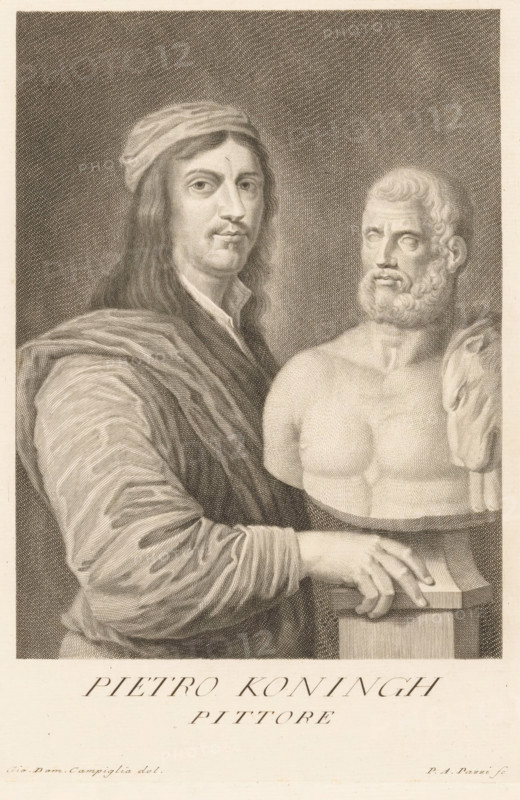 Portrait of artist Philips Koninck, Portraits of artists, print, book illustration, printmaker: Antonio Pazzi, Italy, after drawing by Giovanni Domenico Campiglia, after painting by Philips Koninck, 1752 - 1762, paper, engraving, gravure, height 278 mm x width 187 mm, Francesco. Serie di ritratti degli eccellenti pittori dipinti di propria mano, che esistono nell'Imiperial Galleria di Firenze. Florence: 1752-1762., Person, historical persons, portrait, self-portrait of artist, (story of) Hercules (Heracles), A monochrome engraved image shows a long-haired person wearing a headwrap and draped clothing, looking toward the viewer with a neutral expression while resting a hand on a small plinth; beside them is a classical-style bust of a bearded, bare-chested man with curly hair positioned on the same plinth, and the background is filled with fine crosshatching.