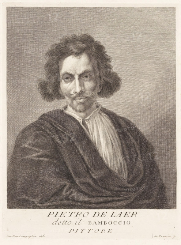 Portrait of artist Pieter Bodding van Laer, Portraits of artists, print, book illustration, printmaker: Francesco Maria Francia, Italy, after drawing by Giovanni Domenico Campiglia, 1752 - 1762, paper, engraving, gravure, height 241 mm x width 181 mm, A detailed black and white engraved portrait of a man shown from the chest up wearing a draped dark cloak over a lighter shirt with a high collar, his face framed by curly hair that extends to the sides and a mustache with a small pointed beard, his eyes looking slightly to one side, set against a finely cross-hatched neutral background.