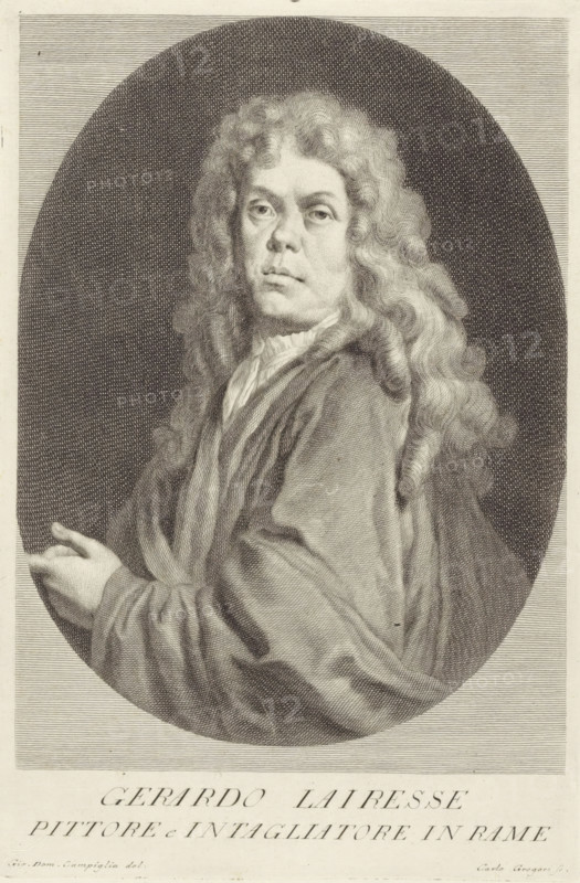 Portrait of artists Gerard de Lairesse, Portraits of artists, print, book illustration, printmaker: Carlo Gregori, Italy, after drawing by Giovanni Domenico Campiglia, 1752 - 1762, paper, engraving, gravure, height 275 mm x width 181 mm, A sepia-toned engraved portrait of a person shown from the waist up inside an oval frame, with long curly hair falling over the shoulders, a ruffled collar visible at the neck, loose draped clothing with visible folds and shading, the face turned slightly toward the viewer with a neutral expression and detailed rendering of eyes, nose, and mouth, one hand partially visible near the lower left edge of the oval, and finely hatched background and border lines surrounding the oval.
