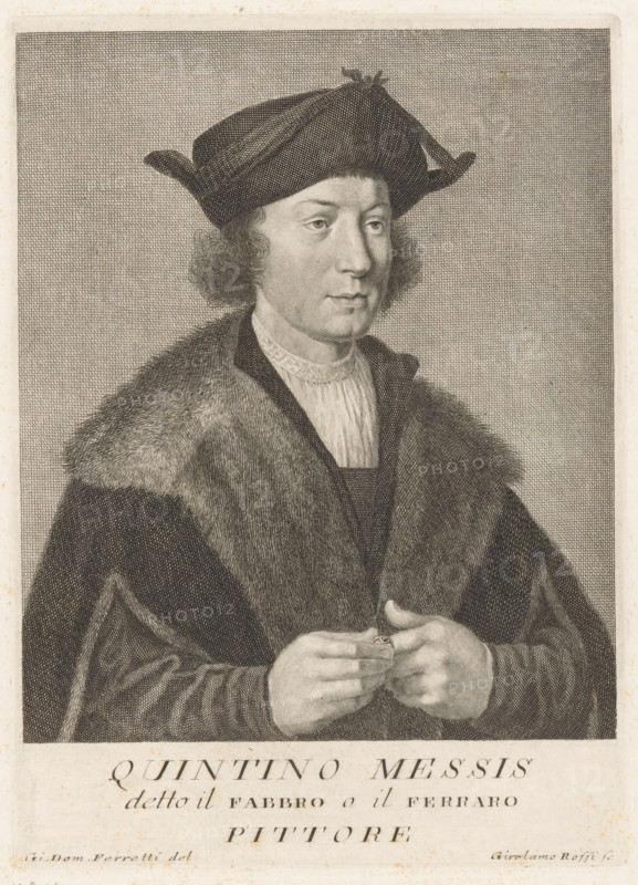 Portrait of artist Quinten Massijs, Portraits of artists, print, book illustration, printmaker: Girolamo Rossi (II), Italy, after drawing by Giovanni Domenico Ferretti, after painting by Quinten Massijs (I), 1752 - 1762, paper, etching, height 245 mm x width 178 mm, A monochrome engraved portrait of a man shown from the waist up wearing a dark robe with a fur collar and a wide-brimmed hat with upturned sides, his hair curled at the sides, a high-collared shirt visible at his throat, his hands held together at midline with one hand touching a ring on a finger, his face turned slightly to the viewer's right with a neutral expression, set against a finely crosshatched background.