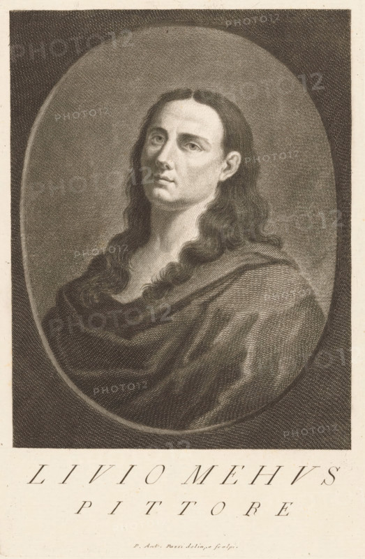 Portrait of artist Lieven Mehus, Portraits of artists, print, book illustration, printmaker: Antonio Pazzi, Italy, after painting by Lieven Mehus (possibly), 1752 - 1762, paper, engraving, height 260 mm x width 179 mm, Print possible after a self-portrait by Lieven Mehus. Print from: Moücke, Francesco. Serie di ritratti degli eccellenti pittori dipinti di propria mano, che esistono nell'Imiperial Galleria di Firenze. Florence: 1752-1762, vol. I., Person, historical persons, portrait, self-portrait of artist, A grayscale engraved portrait of a person shown from the chest up within an oval frame, with long wavy hair falling over the shoulders and a smooth, draped garment covering the upper torso; the face is turned slightly toward the viewer with a neutral expression, pronounced cheekbones, a straight nose, and visible ears, all rendered with fine crosshatching and stippling that creates soft shading and texture against a darker hatched background.