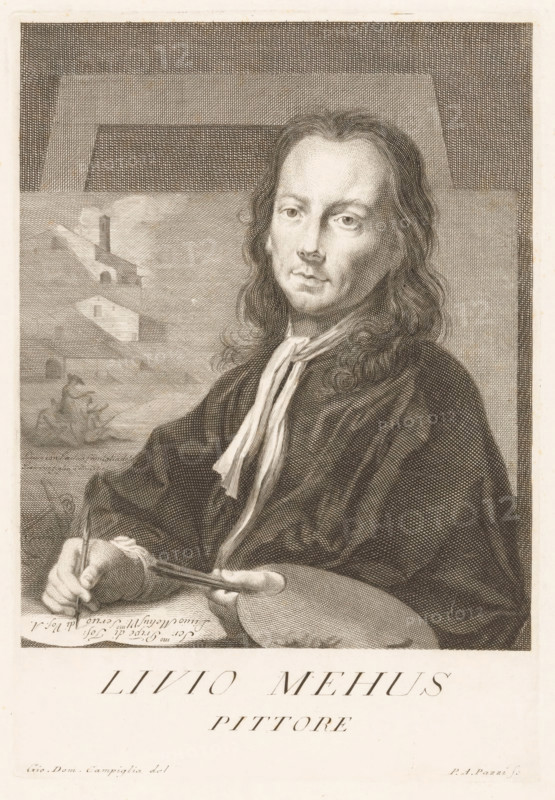 Portrait of artist Lieven Mehus, Portraits of artists, print, book illustration, printmaker: Antonio Pazzi, Italy, after drawing by Giovanni Domenico Campiglia, after painting by Lieven Mehus, 1752 - 1762, paper, engraving, gravure, height 273 mm x width 181 mm, Francesco. Serie di ritratti degli eccellenti pittori dipinti di propria mano, che esistono nell'Imiperial Galleria di Firenze. Florence: 1752-1762, vol. III., Person, historical persons, portrait, self-portrait of painter, tools, implements of painter, A monochrome engraved portrait of a long-haired man shown from the waist up, seated and turned slightly toward the viewer, wearing a dark draped garment and a light scarf tied at the neck; his hands rest on a table holding a brush and palette, and his face has a composed expression with detailed shading and fine linework; behind him is a background with architectural forms and a distant landscape scene including small buildings and a seated figure; the image is bordered by a pla...