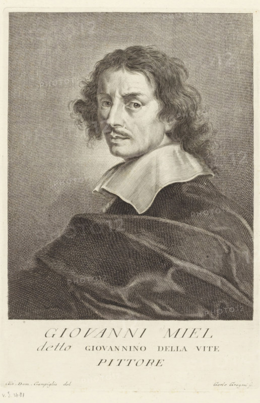 Portrait of artist Jan Miel, Portraits of artists, print, book illustration, printmaker: Carlo Gregori, Italy, after drawing by Giovanni Domenico Campiglia, 1752 - 1762, paper, engraving, gravure, height 262 mm x width 178 mm, A detailed engraved portrait of a man shown from the chest up turned slightly to his right, with wavy shoulder-length hair, arched eyebrows, a mustache, and a contemplative facial expression; he wears a wide, flat collar over dark draped robes, and the background consists of fine crosshatched lines creating a textured backdrop.