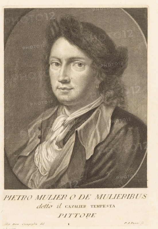 Portrait of artist Pieter de Molijn, Portraits of artists, print, book illustration, printmaker: Antonio Pazzi, Italy, after drawing by Giovanni Domenico Campiglia, after painting by Pieter de Molijn (possibly), 1752 - 1762, paper, engraving, gravure, height 264 mm x width 175 mm, Print possibly after a self-portrait by Pieter de Molijn. Print from: Moücke, Francesco. Serie di ritratti degli eccellenti pittori dipinti di propria mano, che esistono nell'Imiperial Galleria di Firenze. Florence: 1752-1762., Person, historical persons, portrait, self-portrait of artist, A black and white engraved portrait of a person shown from the chest up inside an oval frame, with shoulder-length wavy hair, a neutral facial expression, and a small earring visible on one ear; the person wears layered clothing including a loose scarf tied around the neck and a buttoned coat, and the background consists of fine crosshatching within the oval.