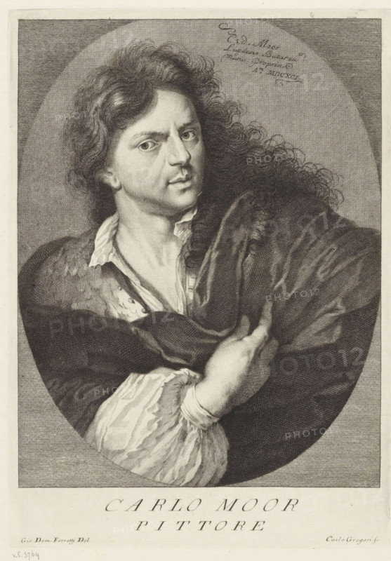 Portrait of artist Carel de Moor, Portraits of artists, print, book illustration, printmaker: Carlo Gregori, Italy, after drawing by Giovanni Domenico Ferretti, 1752 - 1762, paper, engraving, gravure, height 255 mm x width 180 mm, A black and white engraved portrait of a man shown from the torso up within an oval frame, facing slightly left with his head turned toward the viewer; he has wavy, shoulder-length hair and a focused expression with prominent eyes and a slightly parted mouth; he wears a loose, open-collared shirt beneath a dark draped cloak that he holds across his chest with one hand, the other hand resting beneath the fabric; the background is filled with fine crosshatching and the image is bordered by a rectangular outer frame.