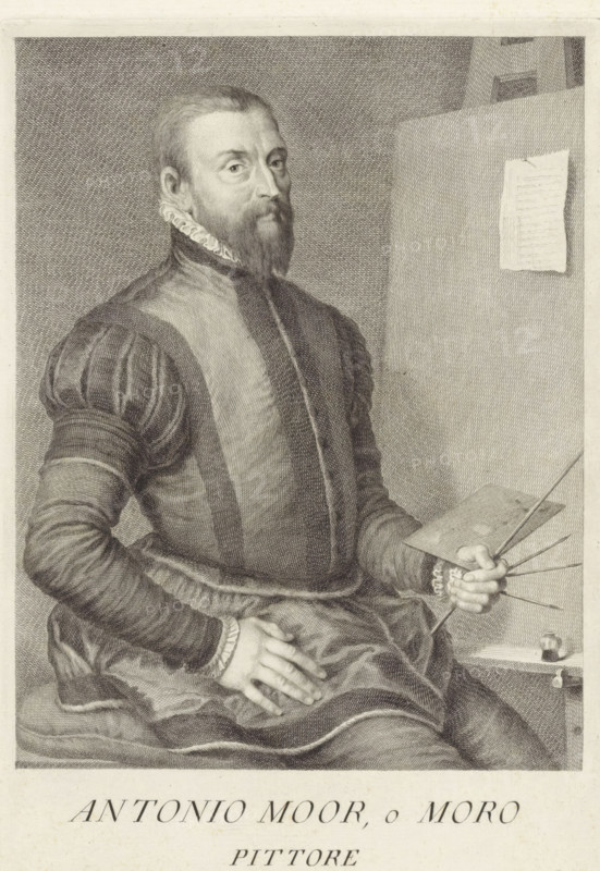 Portrait of artist Anthonis Mor, Portraits of artists, print, book illustration, printmaker: Carlo Gregori, Italy, after drawing by Giovanni Domenico Campiglia, after painting by Anthonis Mor, Netherlands, 1752 - 1762, paper, engraving, gravure, height 274 mm x width 182 mm, A seated man shown from the thighs up wears a dark, textured doublet with puffed sleeves and a high, ruffled collar; he has a trimmed beard and short hair and looks slightly toward the viewer. His right hand rests on his lap while his left hand holds a rectangular palette and several thin long brushes or rods. Behind him on the right is a vertical board or easel with a sheet of paper attached. The image is rendered in a detailed, crosshatched monochrome style.