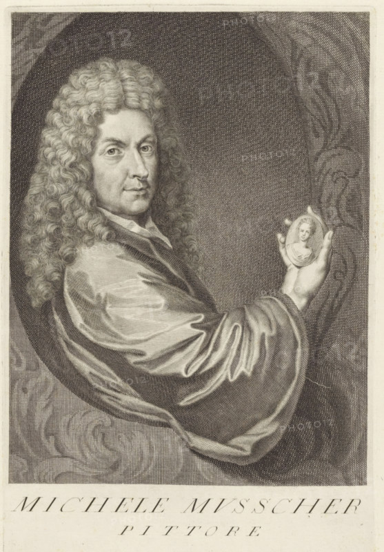 Portrait of artist Michiel van Musscher, Portraits of artists, print, book illustration, printmaker: Giovanni Battista Jacoboni, Italy, after drawing by Giovanni Domenico Campiglia, 1752 - 1762, paper, engraving, gravure, height 268 mm x width 176 mm, A monochrome engraved portrait of a person shown from the chest up turned slightly to the side, with long curly hair cascading over the shoulders and a calm facial expression, wearing a draped garment with flowing folds and holding a small oval medallion in an outstretched hand that contains a tiny portrait; the background features crosshatched shading and decorative swirling patterns.