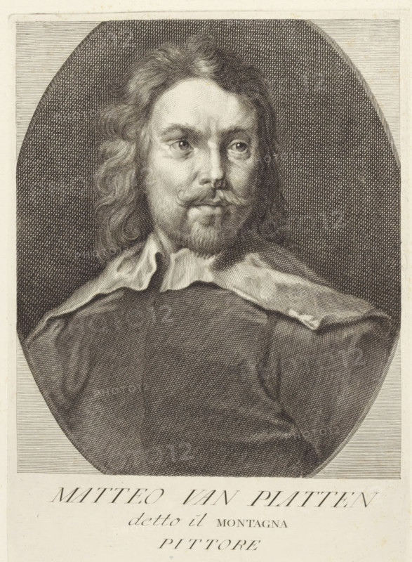 Portrait of artist Matthieu van Plattenberg, Portraits of artists, print, book illustration, printmaker: Carlo Gregori, Italy, after drawing by Giovanni Domenico Campiglia, 1752 - 1762, paper, engraving, gravure, height 252 mm x width 177 mm, A detailed black and white engraved portrait of a man shown from the chest up inside an oval frame, with wavy shoulder-length hair, a mustache and beard, and a high forehead; he wears a loose collar over a dark garment and looks slightly to one side, with fine crosshatching and line work creating shading and texture across his face, hair, clothing, and the patterned background.