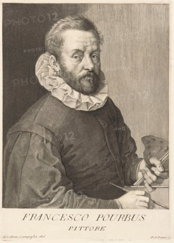 Portrait of artist Frans Pourbus II, Portraits of artists, print, book illustration, inscription: 'to this. The same side, without hands In the margin Frans Pourbuis Pitt. Fiamm. Mus... H de: G. Betti sc. 198', printmaker: Antonio Pazzi, Italy, after drawing by Giovanni Domenico Campiglia, after painting by Frans Pourbus (II), 1752 - 1762, paper, engraving, etching, etching and engraving, height 244 mm x width 177 mm, Francesco. Serie di ritratti degli eccellenti pittori dipinti di propria mano, che esistono nell'Imiperial Galleria di Firenze. Florence: 1752-1762., Person, historical persons, portrait, self-portrait of painter, tools, implements of painter, A sepia-toned engraved portrait of a bearded man shown from the waist up wearing a dark, textured garment with voluminous sleeves and a high, ruffled collar; he faces slightly toward the viewer with a calm expression and short, wavy hair, and his hands are visible holding a palette and brushes near the lower right, while the backgro...