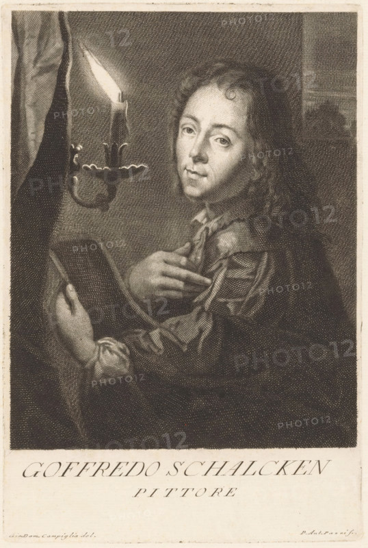 Portrait of artist Godfried Schalcken, Portraits of artists, print, book illustration, printmaker: Antonio Pazzi, Italy, after drawing by Giovanni Domenico Campiglia, after painting by Godfried Schalcken, 1752 - 1762, paper, engraving, gravure, height 271 mm x width 182 mm, Francesco. Serie di ritratti degli eccellenti pittori dipinti di propria mano, che esistono nell'Imiperial Galleria di Firenze. Florence: 1752-1762., Person, historical persons, portrait, self-portrait of artist, A framed monochrome engraving of a young person with long wavy hair looking toward the viewer while holding an open book in one hand and touching their chest with the other, wearing a garment with visible folds and a ruffled cuff, a lit candle in a wall-mounted holder beside them casting light on their face, a draped curtain to the side, and a dark textured background.