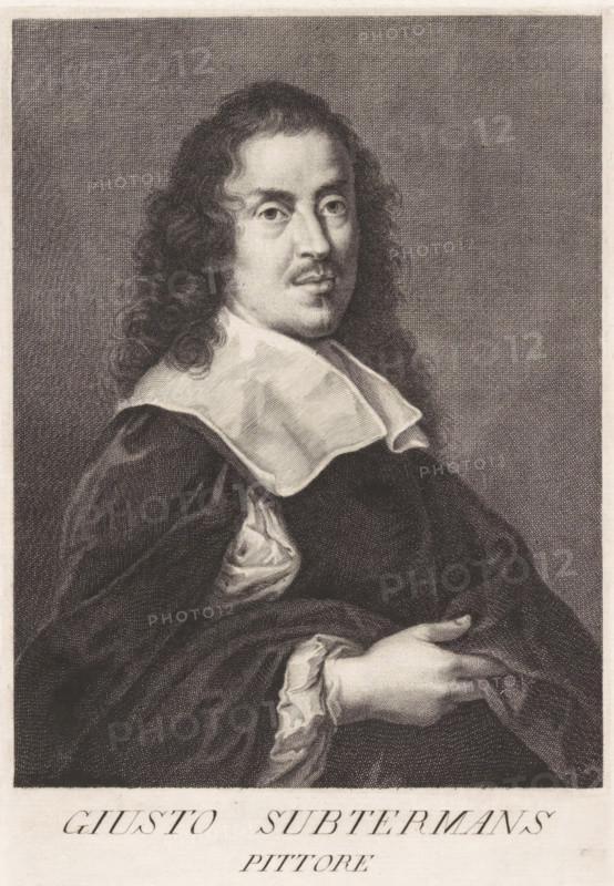 Portrait of artist Justus Sustermans, Portraits of artists, print, book illustration, printmaker: Francesco Maria Francia, Italy, after drawing by Giovanni Domenico Ferretti, 1752 - 1762, paper, engraving, gravure, height 274 mm x width 180 mm, A monochrome engraved portrait of a seated man shown from the waist up, turned slightly to his right, with long wavy hair falling to his shoulders and a thin mustache and small beard on his chin; he wears a dark robe with voluminous sleeves and a large white collar with visible fabric folds, and his hands are folded at his waist with one hand resting over the other; the background is a evenly shaded textured field and the image has a pale border around it.