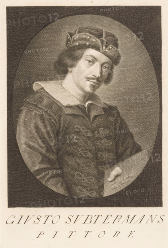 Portrait of artist Justus Sustermans, Portraits of artists, print, book illustration, printmaker: Antonio Pazzi, Italy, after painting by Justus Sustermans (attributed to), 1752 - 1762, Attributed to, paper, engraving, gravure, height 276 mm x width 177 mm, Francesco. Serie di ritratti degli eccellenti pittori dipinti di propria mano, che esistono nell'Imiperial Galleria di Firenze. Florence: 1752-1762., Person, historical persons, portrait, self-portrait of painter, tools, implements of painter, A sepia-toned engraved portrait shows a man from the torso up set inside an oval frame, wearing a soft cap decorated with small round accents and a collared garment with layered fabric at the shoulders and a patterned front featuring rows of looped embellishments; his hair is medium length and frames a clean-shaven face with a narrow mustache and a small pointed beard, and he gazes slightly to the viewer's right while holding a flat rectangular object with one hand visible at the lower edge.