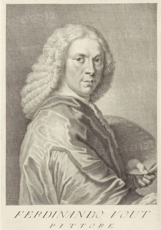Portrait of artist Jacob Ferdinand Voet, Portraits of artists, print, book illustration, printmaker: Carlo Gregori, Italy, after drawing by Giovanni Domenico Campiglia, 1752 - 1762, paper, engraving, gravure, height 265 mm x width 175 mm, A monochrome engraved portrait of a person shown from the shoulders up in three-quarter view, with long wavy hair cascading over the shoulders, a contemplative facial expression, and detailed shading on the face and neck; the figure wears draped clothing with flowing folds and holds a round object near the lower right, while a densely crosshatched background fills the surrounding space.