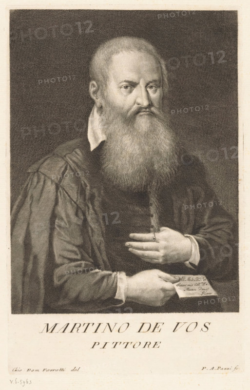 Portrait of artist Maerten de Vos, Portraits of artists, print, book illustration, printmaker: Antonio Pazzi, Italy, after drawing by Giovanni Domenico Ferretti, after painting by Maerten de Vos (possibly), 1752 - 1762, paper, engraving, height 281 mm x width 180 mm, possibly a self-portrait of Maerten de Vos. Print from: Moücke, Francesco. Serie di ritratti degli eccellenti pittori dipinti di propria mano, che esistono nell'Imiperial Galleria di Firenze. Florence: 1752-1762., Person, historical persons, portrait, self-portrait of artist, A monochrome engraved portrait of a bearded man shown from the torso up, facing slightly to his left, with a long full beard and short hair; he wears a collared garment under a voluminous robe with visible folds and textured shading; one hand rests on his chest with a ring on a finger and the other hand holds a piece of folded paper; the background behind him is dark and crosshatched, and there is a broad light border around the image.