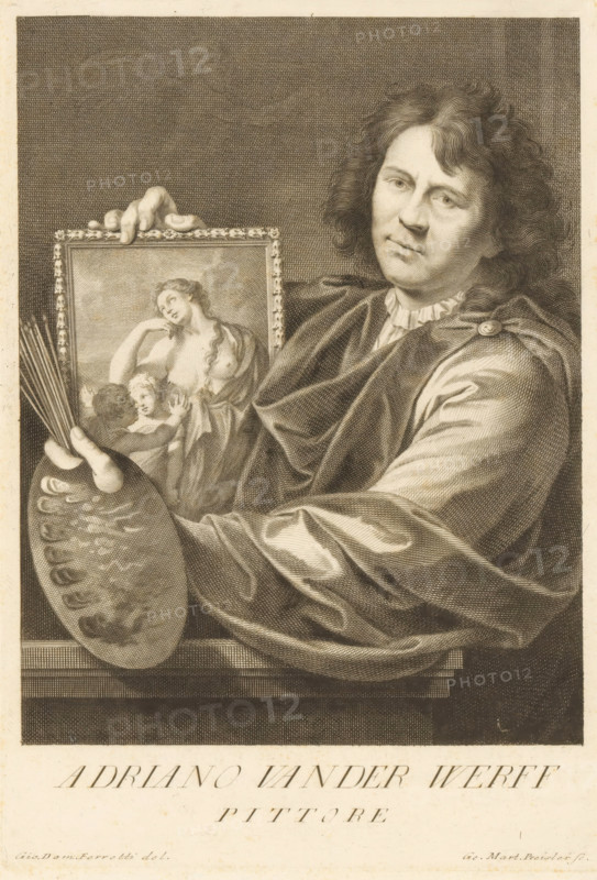Portrait of Adriaen van der Werff, print, printmaker: Georg Martin Preissler, after design by Giovanni Domenico Ferretti, 1710 - 1754, paper, engraving, gravure, height 274 mm x width 188 mm, Person, Adriaen van der Werff, portrait, self-portrait of painter, A monochrome engraved portrait of a man shown from the waist up holding a framed painting in one hand and an artist's palette with brushes in the other, the man has wavy hair, a calm facial expression, and wears a draped garment with a ruffled collar and a cloak fastened at the shoulder, the framed painting within the image depicts a partially nude woman with long hair leaning toward two small figures, the palette shows multiple oval paint wells and the brushes extend upward from it, the background is filled with dense crosshatching and the lower portion of the image includes a wide blank band below the figure.