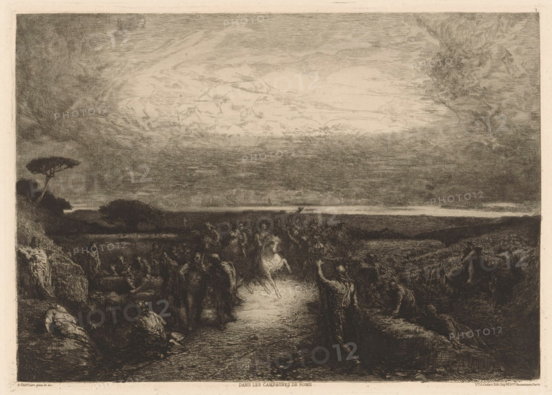 Landscape with a horseman in a crowd, Dans les campagnes de Rome., print, Numbered 7 in the upper right., printmaker: François Nicolas Chifflart, France, publisher: widow Alfred Cadart, Paris, 1881, paper, etching, drypoint, intaglio printmaking technique, height 199 mm x width 279 mm, riding a horse, ass, or mule, rider, horseman, plain, A wide dark landscape scene with a luminous sky filled with textured clouds above a distant horizon, a narrow reflective pathway or stream running toward the foreground, and groups of shadowed human figures gathered along and near the path, some standing, some seated or reclining, with a few figures in motion that create blurred, lighter impressions. Dense, scribbled vegetation and rocky banks flank the central pathway, and a solitary umbrella-shaped tree stands on the left ridge against the sky. The overall image is rendered in monochrome with varied hatch marks and crosshatching creating deep shadows and softer illuminated areas.