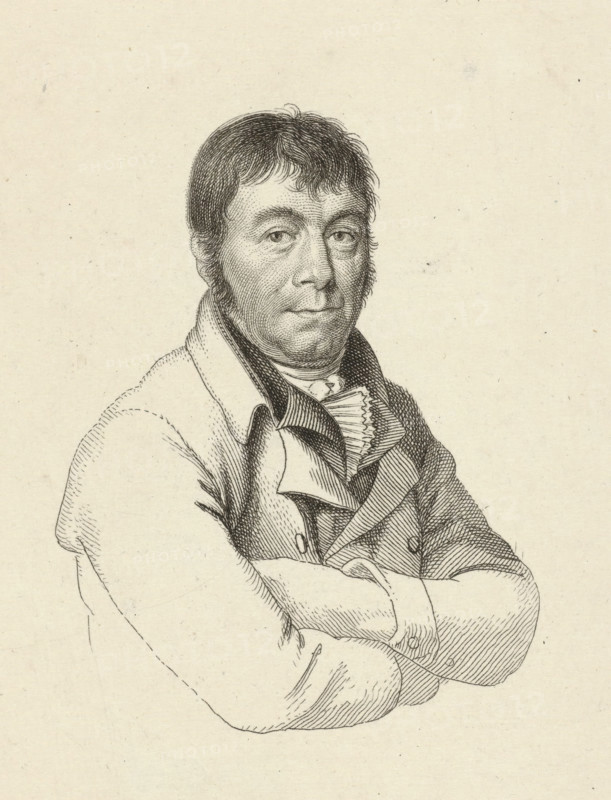 Portrait of Dirk Versteegh, print, Portrait of the artist Dirk Versteegh., name: 'D.Versteegh, Kunstminn.', printmaker: Jacob Ernst Marcus (signed by artist), Amsterdam, after drawing by Hendrik Willem Caspari, 1814, paper, pencil, etching, stippelets, stippelets and pencil, print from a plate partially covered with paper, height 151 mm x width 115 mm, Etudes gravées. Amsterdam: S. de Grebber, 1826., Person, Dirk Versteegh, A monochrome engraved portrait of a man shown from the waist up with his arms crossed, featuring short, slightly tousled hair and sideburns, a lined face with a neutral expression, detailed shading on the cheeks and forehead, a high-collared shirt with a ruffled front and layered cravat, and a coat with wide lapels and visible buttons, all rendered with fine crosshatching on a plain light background.