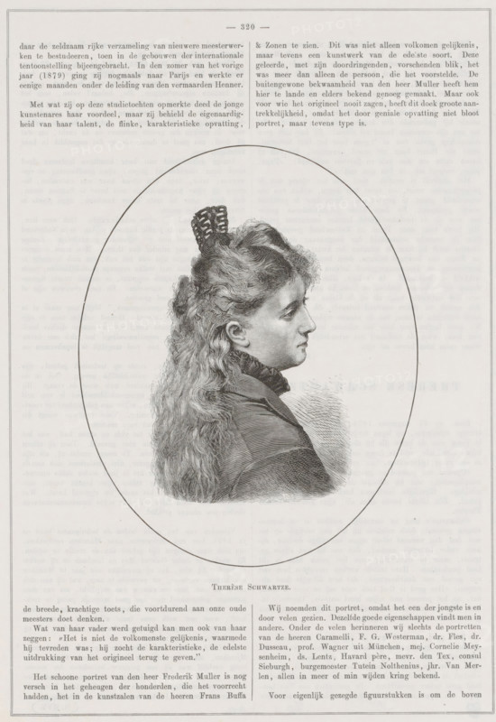 Portrait of Thérèse Schwartze, print, book illustration, Portrait of Thérèse Schwartze in an oval. In the bottom margin her name., printmaker: Smeeton-Tilly, Paris, 1880, paper, wood engraving, letterpress printing, wood engraving and text in letterpress, height 292 mm x width 206 mm, A black and white printed page showing an oval-framed engraved portrait of a woman in profile facing right, with long wavy hair gathered at the back and a decorative hairpiece on top, wearing a high-collared garment and a textured shawl or jacket, surrounded by columns of printed text above and below the portrait.