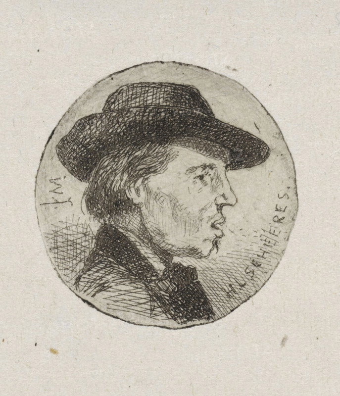 Portrait of Hendricus Johannes Scheeres, print, artist. He is wearing a hat. The name of the sitter is displayed in the lower right corner., printmaker: Jan Weissenbruch, The Hague (possibly), 1837 - 1864, paper, etching, diameter 35 mm, Person, Hendricus Johannes Scheeres, historical persons, portrait, self-portrait of artist, head-gear: hat (men's clothes), A circular ink sketch of a man's profile facing right showing his head and upper shoulders, with a broad-brimmed hat rendered in crosshatched lines, textured hair peeking beneath the hat, a defined nose and lips, visible facial lines and beard stubble made with fine strokes, a collar and upper garment suggested by dense crosshatching, all set against a pale, slightly textured paper background.