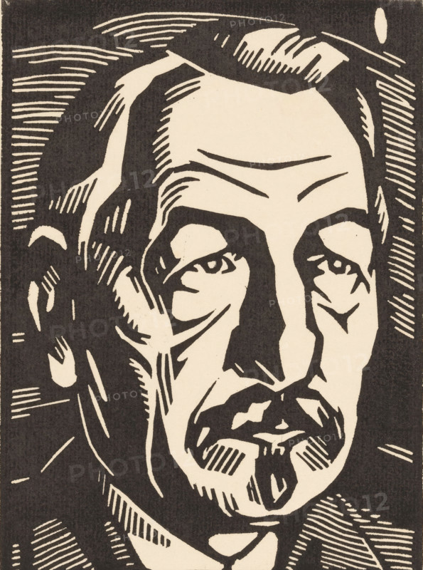 Portrait of Pieter Jelles Troelstra, print, A portrait of politician Pieter Jelles Troelstra, with moustache., number: '1', printmaker: Jacques Jeichienus Ottens (signed by artist), 1926, paper, woodcut, proof, height 317 mm x width 240 mm, Person, Pieter Jelles Troelstra, historical persons, mustache, A high-contrast black and beige woodcut-style portrait fills the frame, showing a man's face with long hair, a furrowed brow, deep-set eyes, prominent cheekbones, and a mustache and beard rendered in bold black shapes and carved line hatching, with thick dark areas suggesting hair and shadow and lighter beige areas forming the skin and highlights against a textured dark background.