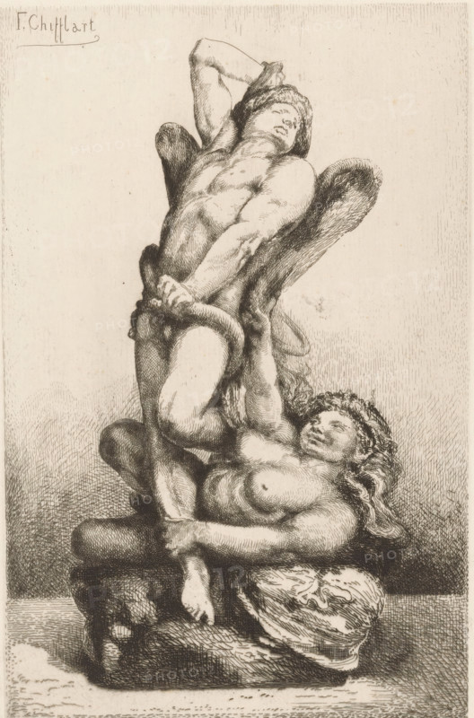 Allegorical representation with naked angel and woman, Les Liens du Mal, L'Eau Forte en 1875, print, printmaker: François Nicolas Chifflart, France, publisher: Alfred Cadart, Paris, 1875, François Nicolas Chifflart, Alfred Cadart, printmaker, publisher, paper, etching, drypoint, intaglio printmaking technique, height 292 mm x width 197 mm, snakes, angels fighting, liberation (of an enslaved person), A tall vertical drawing of two nude figures intertwined on a base, rendered in fine crosshatched lines on a pale background; the upper figure is muscular with wings, leaning back with one arm raised over the head and the other arm and hands gripping a curved rope or serpent that wraps around the lower body, the face turned upward with closed eyes and a band or cloth around the head; the lower figure is reclining against the base with head tilted back and eyes closed, hair flowing in curls, one arm wrapped around the raised leg of the upper figure and the other arm bent across the chest, the...