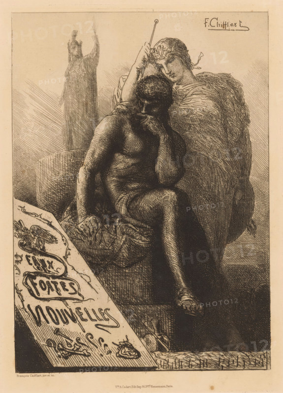 Eaux Fortes Nouvelles, Title page with allegorical figures, L'Eau Forte en 1878, print, title page, In the foreground, a half-naked man sits on a stone in a pensive pose, while behind him stands a female figure (Minerva?). In the background, a statue of a male figure., printmaker: François Nicolas Chifflart, France, after design by François Nicolas Chifflart, publisher: widow Alfred Cadart, Paris, 1878, François Nicolas Chifflart, widow Alfred Cadart, printmaker, publisher, paper, etching, drypoint, intaglio printmaking technique, height 297 mm x width 216 mm, monument, statue, A detailed sepia-toned etching shows a seated muscular male figure in a contemplative pose with his head resting on his hand and his legs crossed, partially draped with fabric; behind him a standing female figure leans over, holding a thin rod and wearing flowing, textured garments with long hair and a ribbon at the back of her head; to the left a tall, shadowy robed statue or figure with an outstretched arm app...