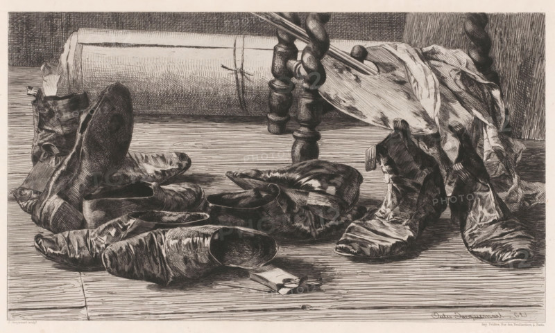 Shoes with painting materials, Souvenirs de voyage., print, printmaker: Jules Ferdinand Jacquemart, France, printer (person): Delâtre, Paris, publisher: Cadart & F. Chevalier, A., 1862, printer (person), paper, chine collé, etching, drypoint, intaglio printmaking technique, drypoint and plate tone on chine collé, height 241 mm x width 341 mm, shoes, sandals, palette, A horizontal black and white drawing showing a wooden floor scattered with several worn shoes and slippers, some lying on their sides and some upright, with visible creases and scuffed surfaces. In the background a large rolled canvas or cloth rests against a wall, tied with a piece of string. Part of a turned wooden stool or leg is visible near the center, with a palette and a paintbrush resting on and against it. A crumpled piece of fabric drapes over the stool and partly covers one shoe. The composition features detailed crosshatching and woodgrain textures throughout.
