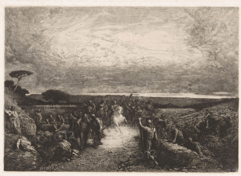 Landscape with a horseman in a crowd, Dans les campagnes de Rome., print, printmaker: François Nicolas Chifflart, France, 1881, paper, chine collé, etching, drypoint, intaglio printmaking technique, drypoint and plate tone on chine collé, height 200 mm x width 281 mm, riding a horse, ass, or mule, rider, horseman, plain, A wide dark-toned landscape drawing with a dramatic sky full of textured clouds occupying the upper area, a distant flat horizon line, and a path running from foreground to midground. Along the path and extending into the darker middle ground are many small human figures gathered and moving, some standing and some seated, rendered in sketchy lines and silhouettes. In the foreground a few larger, more detailed figures stand near the path, one raising an arm and another facing forward with faint light on their torso. On the left foreground are rocky outcrops and reclining figures, with a leaning tree and dense foliage farther back. The right foreground shows low vegetati...