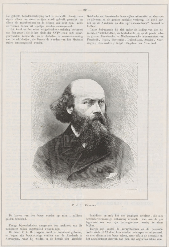 Portrait of Pierre Joseph Hubert Cuypers, print, book illustration, Portrait of Pierre Joseph Hubert Cuypers. His name in the lower margin., printmaker: Smeeton-Tilly, Paris, 1877, paper, wood engraving, letterpress printing, wood engraving and text in letterpress, height 292 mm x width 204 mm, A detailed engraved portrait of a man shown from the chest up within a rectangular framed vignette, featuring a high forehead and receding hairline with full, wavy hair at the sides, a thick mustache and long, full beard, and a serious expression with eyes gazing slightly to the side; he is dressed in a dark double-breasted coat with a visible pocket square and a collared shirt, the background filled with fine, radiating engraved lines, all printed on a page with narrow margins and additional blocks of printed text above and below the portrait.