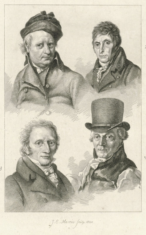 Portraits of Wybrand Hendriks, Abraham van Strij, Adriaan de Lelie and Michiel Versteegh, print, Portraits of the artists Wybrand Hendriks, Adriaan de Lelie and Michiel Versteegh., printmaker: Jacob Ernst Marcus, Amsterdam, 1820, paper, pencil, etching, stippelets, etching stippelets and pencil, height 236 mm x width 144 mm, Later state of the print used in: Roeland van Eynden, Adriaan van der Willigen, Geschiedenis der vaderlansche schilderkunst, sedert de helft der XVIII eeuw. Haarlem, A. Loosjes, Pz from vol. 3: Wed. A. Loosjes, 4 vols., 1816-40., Person, Wybrand Hendriks, Adriaan de Lelie, Michiel Versteegh, A sepia-toned engraving showing four male bust portraits arranged in a rectangular composition, two at the top and two at the bottom. The upper left man wears a soft cap and a double-breasted coat with a high collar, his hair peeking from beneath the cap and his expression neutral. The upper right man has short, tousled hair and a high-collared coat with a cravat, his face turn...