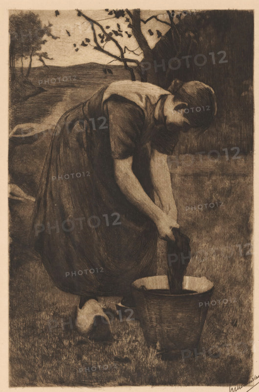 Farmer's wife washing textiles in a bucket, print, signature: 'Willem Witsen', watermark, printmaker: Willem Witsen (signed by artist), Ewijkshoeve (Den Dolder), c. 1886, Willem Witsen, printmaker, Den Dolder, paper, etching, intaglio printmaking technique, drypoint, height 300 mm x width 200 mm, farmers - AA - female farmer, farmer's wife, washing up, A monochrome etching shows a young woman bending forward with her head lowered, wearing a simple dress with short sleeves and an apron, her hair tied back in a bun; she holds a dark cloth that she is wringing over a wooden bucket placed on the grass, with a second smaller container and a piece of cloth on the ground nearby; behind her are a stretch of ground and a fence or wall, and beyond that trees with branches and scattered leaves against a lighter sky, all rendered in fine crosshatched lines and soft tonal shading.