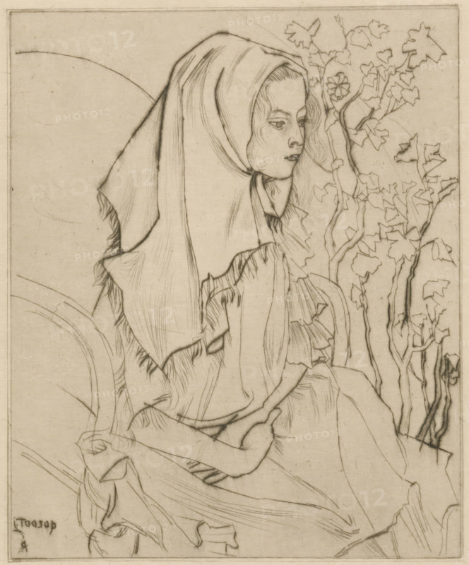 Sick child (original title), Charley Toorop with headscarf in an armchair, print, printmaker: Jan Toorop (signed by artist), 1898, paper, drypoint, intaglio printmaking technique, drypoint with plate tone on zinc, height 168 mm x width 138 mm, historical persons, girl (child between toddler and youth), patient, sick person, A line drawing of a seated figure in profile wearing a hooded garment that drapes over the head and shoulders, with visible flowing hair at the face and edges of the hood; the figure's face shows closed or downward-cast eyes and slightly pursed lips, and the upper body is wrapped in layered fabric with visible folds and fringe. To the right of the figure are tall, thin, branching stems with stylized leaves and a single simple flower near the head. The composition is rendered in fine, dark lines on a light, textured background with a narrow border framing the image.