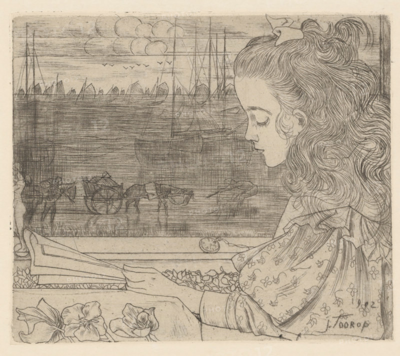 Portrait of Charley Toorop, reading in front of the window, Charley in front of the window (original title), print, printmaker: Jan Toorop, c. 1900, paper, Japanese paper (handmade paper), drypoint, intaglio printmaking technique, drypoint with plate tone on zinc, on Japanese paper, height 120 mm x width 138 mm, Presumably, Toorop dated the print too late at a later time. In July 1900, the print was already reproduced in the magazine 'Dekorative Kunst'., Person, Charley Toorop, historical persons, reading, girl (child between toddler and youth), A detailed pencil or ink drawing of a young woman in profile facing left with long wavy hair held back by a ribbon, closed eyes, and delicate facial features, wearing a patterned garment with floral motifs and holding a rectangular object; behind her is a window or framed view showing a harbor scene with boats and masts on calm water, a shoreline with small structures, a few birds in the sky, and layered clouds, while the foreground below the w...