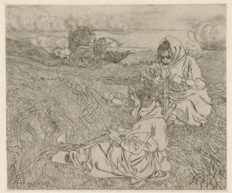 Nettenboetsters (original title), Two women mending nets, in Katwijk aan Zee, print, printmaker: Jan Toorop (signed by artist), 1899, paper, Japanese paper (handmade paper), drypoint, intaglio printmaking technique, drypoint with plate tone on zinc, on Japanese paper, height 158 mm x width 189 mm, mending of fishing nets, Katwijk (South Holland), Katwijk aan Zee, A monochrome line drawing shows two seated women in the foreground, one with a hooded garment bending over and working with strands of material and the other turned slightly away, holding a tool and wearing her hair in an updo. Wavy, textured lines fill the surrounding field, suggesting long grasses or flowing material across the ground. In the middle distance there is a horse-drawn cart loaded with a piled mass and a seated figure at the cart, with another small figure leading or walking near the horse. The sky area contains curved, cloudlike shapes and horizontal lines, and there are gentle rolling hills along the horizon. T...