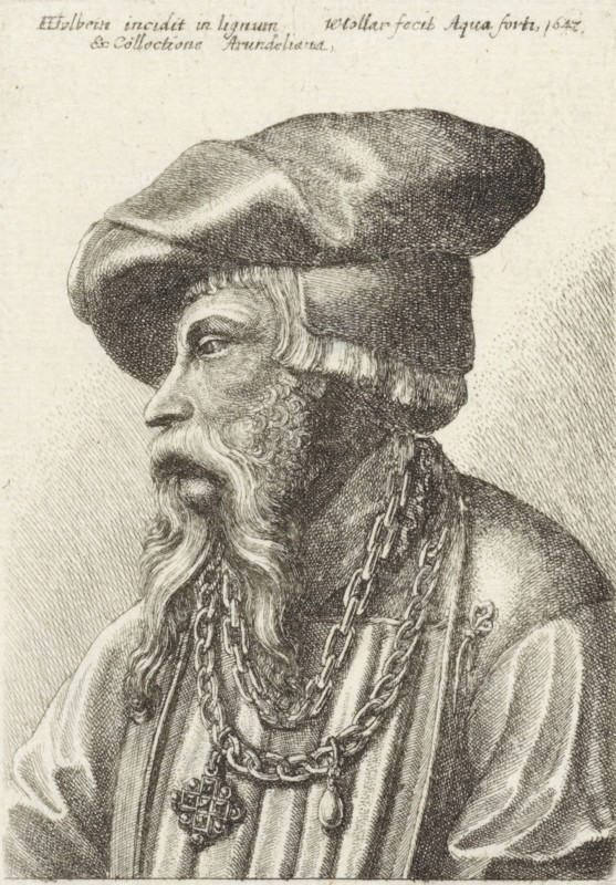 Portrait of a man with beard, beret and necklace, print, printmaker: Wenceslaus Hollar, Antwerp, after painting by Hans Holbein (II), 1647, paper, etching, height 109 mm x width 74 mm, head-gear: cap (men's clothes), beard, anonymous historical person depicted alone, necklace (men's clothes), A detailed black and white engraving of an older man in profile facing left wearing a large soft hat with a folded brim, a full beard and mustache with wavy hair, and layered garments. The man has textured skin with visible wrinkles and a pronounced nose, and his eye is partially visible under a heavy brow. Several heavy linked chains hang around his neck, one ending in a pendant with a woven or lattice-like design and another ending in an oval-shaped ornament. The clothing shows folds and drapery, and fine parallel and cross-hatched lines create shading and texture across the hat, face, chains, and fabric. The background is lightly hatched, leaving the figure prominent.