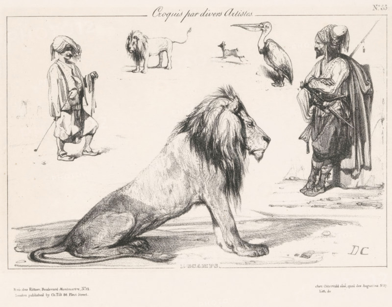 Lion and five other studies of Oriental figures and animals, Sketches by various artists, Croquis par divers artistes, print, Series number, 55, 72, printmaker: Alexandre-Gabriel Decamps, Paris, printer (person): Joseph Rose Lemercier, publisher: Henri Rittner, publisher: Jean Fréderic Ostervald, publisher: Charles Tilt, London, 1830 - 1831, printer (person), paper, lithography, lithografie, height 242 mm x width 313 mm, beasts of prey, predatory animals: lion, head-gear: turban, A large charcoal drawing shows a lion in profile sitting with a mane flowing around its head and shoulders, occupying the lower center of the image; to the right stands a robed figure wearing a turban and cloak with arms crossed and a sheathed sword at the waist, standing on a textured ground; to the left a smaller robed figure with a turban holds a thin staff and stands in a relaxed pose; above the lion are smaller sketches including a standing lion seen from the side, a long-beaked bird perched, and a small ...