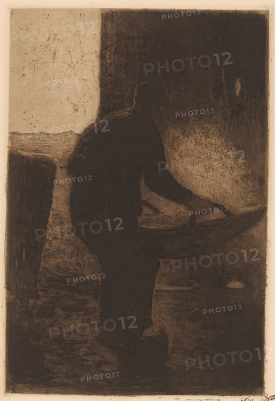 Man winnowing, print, signature: 'Willem Witsen', printmaker: Willem Witsen (signed by artist), printer (person): Joseph Bouwens, Brussels, c. 1888, printer (person), paper, soft-ground etching, etching, intaglio printmaking technique, height 256 mm x width 179 mm, winnowing, A dark, grainy silhouette of a person seen from the side occupies the center of the image, with an arm extended forward toward a flat surface and a rounded object; the figure is set against a textured background that shifts from a lighter, scratched area on the left to a darker, rougher area on the right, and there are variations in tonal shading and smudged marks across the scene.