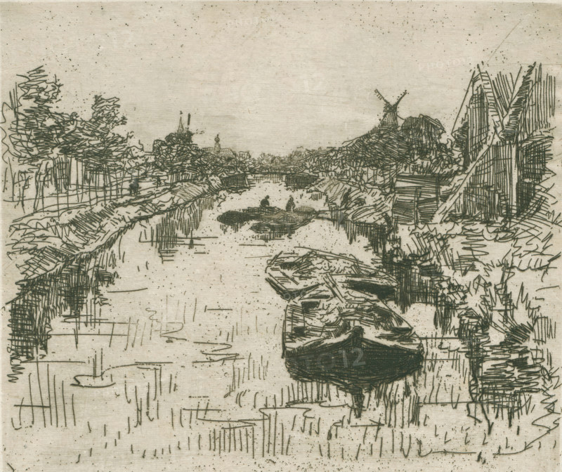 Canal (original title), Canal with barges, print, printmaker: Willem Bastiaan Tholen, 1870 - 1931, paper, etching, intaglio printmaking technique, height 179 mm x width 216 mm, tow-boat, towing-barge, A monochrome etched scene showing a narrow river flanked by rough banks and vegetation, with several small rowboats positioned along the water and one prominent boat in the foreground, loose linear marks suggesting ripples and reflections on the surface, clusters of trees and shrubbery on both sides rendered with dense hatched lines, a windmill with crossed sails visible on the right bank in the distance, simple rooflines and a steeple peeking above the treeline near the center, and a sky left largely blank except for scattered speckles.