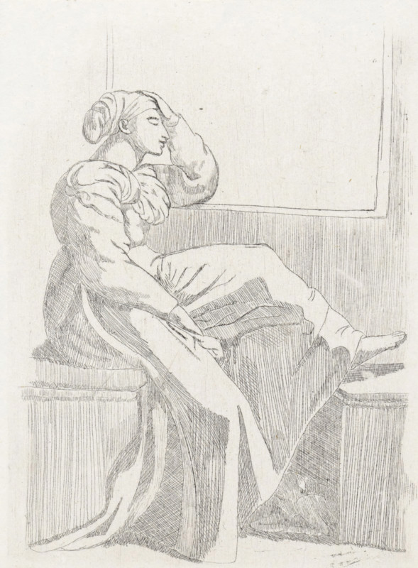 Sitting woman by an open window, print, A woman is sitting on a bench by an open window. She is wearing a dress and a headscarf and supporting her head with her left hand., printmaker: Cornelia Marjolin-Scheffer, Paris (possibly), 1845 - 1899, paper, chine collé, etching, etching on chine collé, height 137 mm x width 98 mm, open window, sitting on an elevation - AA - female human figure (sideview, profile), A seated person in a flowing dress and headscarf is shown in profile, leaning back with one arm resting on their head and the other arm relaxed by their side, their eyes closed and facial features rendered in fine lines; the dress has voluminous sleeves and draped folds that extend over a cushioned seat and down to the floor, with hatching and crosshatching shading on the clothing and background; the scene is framed by a rectangular panel behind the figure and vertical lined textures on panels beneath and beside the seat; the image is a monochrome line drawing on a light background.