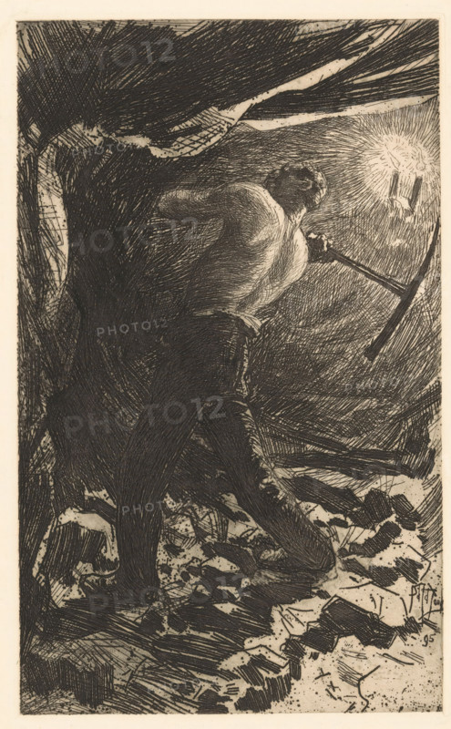 Targeted miner, print, The man has a pickaxe in his hands. On the right in the background two candles illuminating the mine shaft., printmaker: Pieter de Josselin de Jong, 1895, 1895 - 1943, paper, etching, intaglio printmaking technique, height 258 mm x width 158 mm, candle, partially clothed, miner, A monochrome etching shows a figure seen from behind, kneeling on a rocky ground and leaning forward while holding a long pole toward a bright light source on the right; the figure is shirtless from the back and wears dark trousers, with closely hatched lines creating textured shadows across the body and surrounding space; jagged, irregular fragments and stones scatter beneath and around the figure, and dense, crosshatched strokes fill the background and overhead branch-like forms, while radiating lines emphasize the light source and contrast with the darker areas.