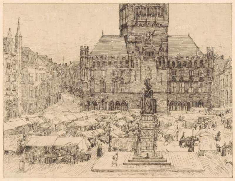 Market Square in Bruges, print, The Market Square of Bruges with the statue of Jan Breydel and Pieter de Coninck in the foreground. Behind it, market stalls and the Belfry., printmaker: Gerrit Haverkamp (signed by artist), publisher: Johannes Henricus de Bois, 1882 - 1925, paper, etching, intaglio printmaking technique, height 153 mm x width 185 mm, market, monument, statue, square, circus, Bruges, Market Square (Bruges), A detailed pen-and-ink architectural scene shows a large ornate building with arched windows and steeply pitched roofs dominating the background, flanked by rows of narrower multi-story buildings along a curved street, and a tall sculpted column topped by a statue standing on a stepped base in the foreground; numerous market stalls with canvas coverings fill the plaza in front of the building, with small figures of people walking, standing, and interacting among the stalls, and a few horse-drawn carts and street lamps visible amid the dense market activity.