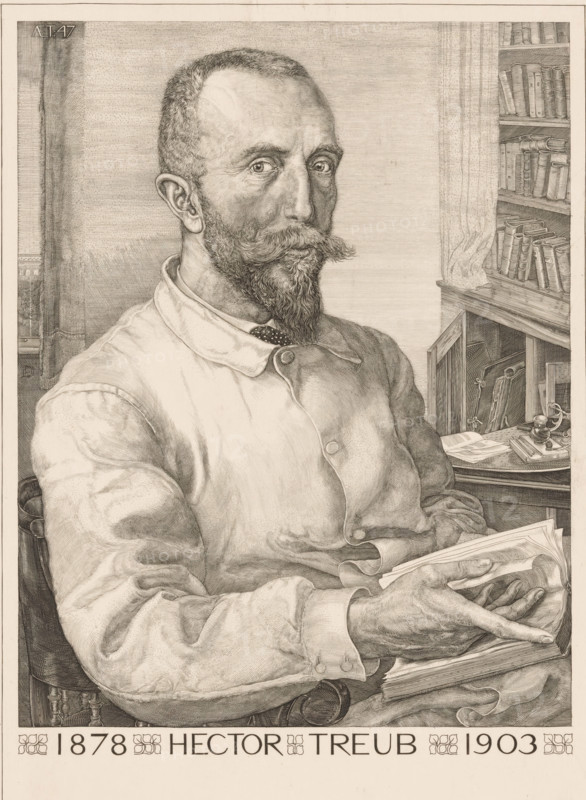 Portrait of Hector Treub, print, Portrait of the physician Hector Treub with beard and mustache, seated in his study. On his lap an open book, to the right a bookcase. In the upper left the text 'AET. 47', Treub's age at the time of the portrait. At the bottom the years '1878', the year in which Treub obtained his doctorate in medicine, and '1903', the year of his twenty-fifth anniversary as a physician., printmaker: Pieter Dupont (signed by artist), Amsterdam, printer (person): Enschedé & Zn., Johan, Haarlem, 1903, Pieter Dupont, Enschedé & Zn., printmaker, printer (person), paper, engraving, height 393 mm x width 298 mm, Person, Hector Treub, physician, doctor, book, beard, A detailed monochrome portrait of a seated man shown from the waist up, with short hair, a mustache and a pointed beard, wearing a buttoned shirt with a collar and a patterned tie, his hands holding a folded paper and resting on a book; behind him to one side there is a curtain and a bookshelf filled with books an...