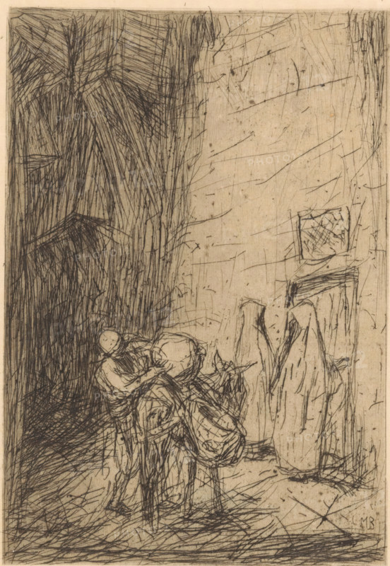 Ottoman merchant, print, A man packing a donkey on the street., number: '76', printmaker: Marius Bauer (signed by artist), 1889, paper, Japanese paper (handmade paper), etching, intaglio printmaking technique, etching with plate tone on Japanese paper, height 195 mm x width 146 mm, merchant, salesman, ass, donkey, Ottoman Empire, A vertical sketch with dense crosshatched lines forming a dark textured mass on the left and a lighter, more sparsely scratched area on the right shows a group of figures clustered toward the lower center; the figures are rendered with quick, overlapping strokes suggesting bent postures and wrapped garments, one figure appearing to lean forward while another is seated or supported, and nearby two tall, draped shapes stand upright with long vertical folds. In the lighter right area a small framed square with crisscrossed lines hangs above a rectangular element, while the background contains many fine diagonal and vertical scratches across the surface and the lo...