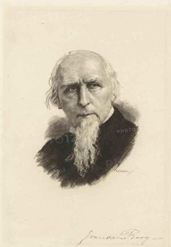 Portrait of Simon van den Berg, print, Portrait of the artist Simon van den Berg. His signature in the lower right., printmaker: Willem Steelink (II) (signed by artist), Netherlands, 1866 - 1928, paper, etching, height 216 mm x width 150 mm, Person, Simon van den Berg, portrait, self-portrait of painter, A monochrome portrait of an older man shown from the shoulders up, with a high forehead and thinning hair swept back and slightly over the ears, deep-set eyes, pronounced brow lines, and a long pointed beard extending down from his chin; he wears a dark garment with a lighter collar visible at the neck, and the drawing employs fine cross-hatching and shading on the face and clothing against a plain, lightly textured background.