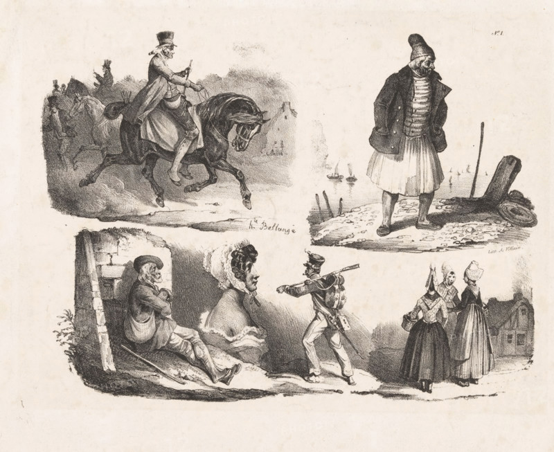 Six depictions of various figures, Lithographic sketches, print, Series number, 1, Six depictions of different types of people, such as a horseman, a sailor, and three girls in traditional costume., printmaker: Hippolyte Bellangé, printer (person): François Jean Villain, Paris, 1818 - 1852, printer (person), paper, lithography, lithografie, height 238 mm x width 287 mm, folk costume, regional costume, seaman, riding a horse, ass, or mule, rider, horseman, resting - BB - out of doors, A sheet with several black ink vignette illustrations showing a man on a rearing horse wearing a top hat and long coat, a standing figure in a heavy jacket and conical hat on a shoreline beside a post and coil of rope, a seated older man leaning against a wall with a walking stick, a woman in a shawl seated nearby, a marching soldier in uniform aiming a musket, and two women in long dresses and bonnets facing away toward a distant building.