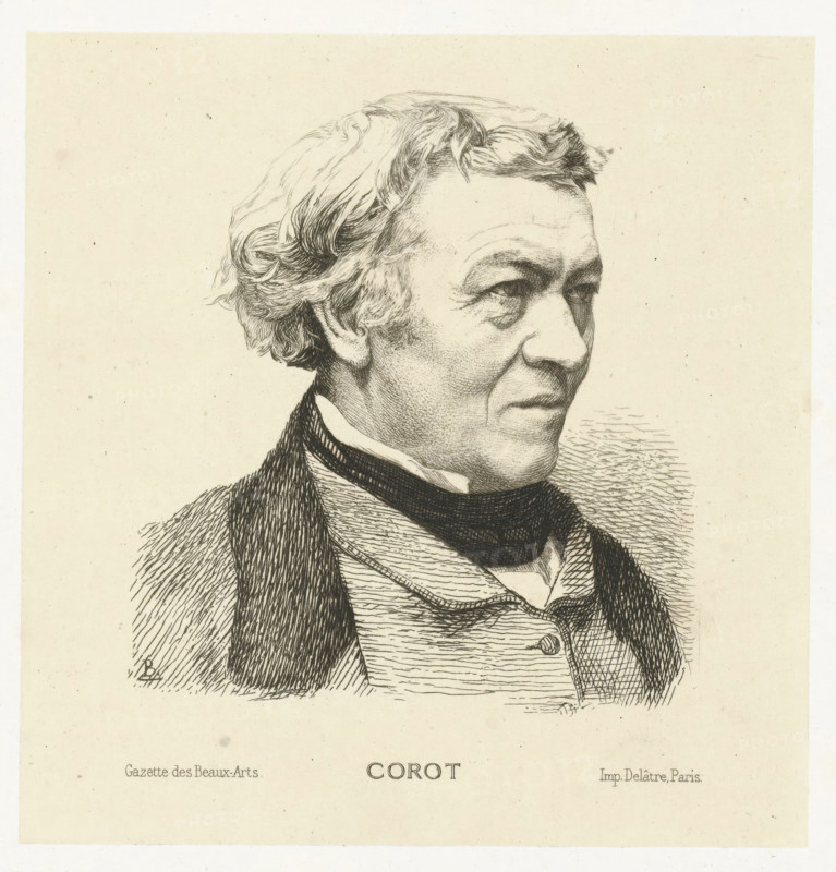 Corot, Portrait of artist Jean-Baptiste Camille Corot, print, printmaker: Félix Bracquemond, printer (person): Auguste Delâtre, 1861, printer (person), paper, chine collé, etching, etching on chine collé, height 127 mm x width 123 mm, Illustration for: Gazette des Beuax-Arts, Auguste Delatre (printer), Paris 1861. The print was made after a photo (see IFF 135)., Person, Camille Corot, portrait, self-portrait of painter, A detailed ink portrait of an older man shown from the shoulders up in profile, facing right, with wavy hair swept back from his forehead and sideburns, a high forehead, pronounced brow, and a contemplative expression; he wears a dark scarf or cravat around his neck and layered clothing including a textured coat and a buttoned waistcoat, rendered with fine crosshatching and stippling on a light, slightly speckled background.