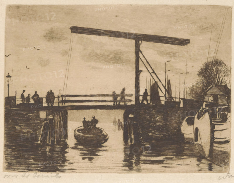 View of the Kikkerbilssluis in Amsterdam, print, The connection between the Oude Schans and the Oosterdok., inscription: 'for Is. Israels', signature: 'Witsen', printmaker: Willem Witsen (signed by artist), Amsterdam, c. 1913 - c. 1919, paper, etching, aquatint, intaglio printmaking technique, height 120 mm x width 160 mm, canals, waters (in city), bridge, boat propelled by man or animal, Kikkerbilssluis, A monochrome scene showing a wooden drawbridge spanning a waterway with a tall horizontal beam and supporting posts, silhouettes of people standing and walking on the bridge, a small round boat with two figures in the water beneath the bridge, reflections of the bridge and boat visible on the water surface, a lamppost near one end of the bridge, a cluster of bare-branched trees and a small shed on the right, masts or spars rising behind the bridge, seagulls flying in the sky, and wooden structures and moored boats along the water edges.