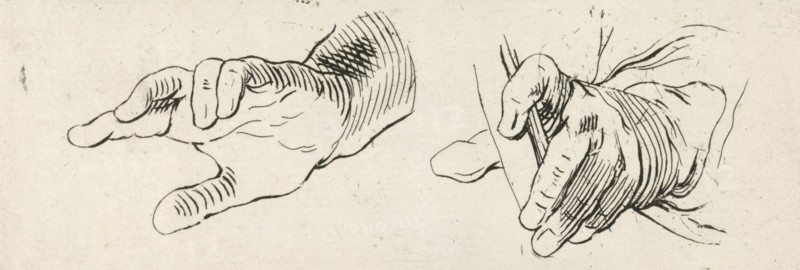 Study of two hands, print, Study of two right hands. The hand on the left is empty. The hand on the right is holding a staff., inscription: 'FN Witsen Geysbeek. First engraving finished in 4 days in the first 12 days that he was accepted as an apprentice at v, d Meulen. April 1827', printmaker: Frederik Nicolaas Horatius Witsen Geysbeek (signed by artist), 1827, paper, etching, height 48 mm x width 139 mm, postures and gestures of hand and fingers, A monochrome line drawing showing two separate views of a hand on a textured paper background; the left view depicts a hand seen from the side with fingers slightly curled and the thumb extended, outlined with contour lines and short hatch marks indicating creases and shading, and the wrist area rendered with curved parallel strokes; the right view shows a hand grasping a thin cylindrical object with fingers wrapped around it, drawn with denser hatch shading and contour lines that mark knuckles, folds, and the sleeve around the wrist.