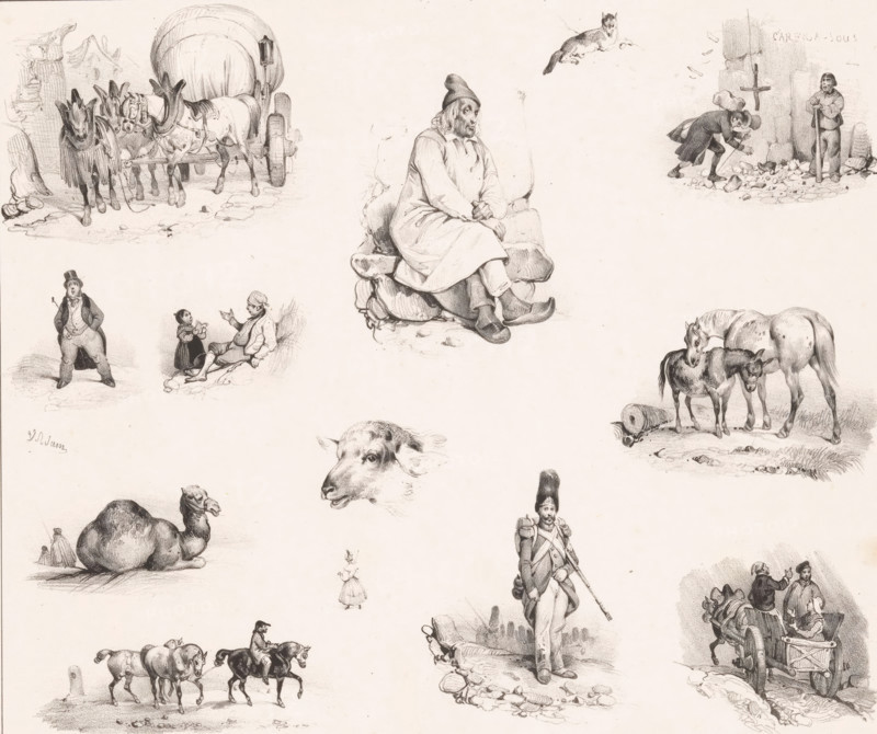 Thirteen scenes from daily life with various human figures and animals, Croquades, Sketches of various subjects, Croquades par V. Adam, print, Series number, 32, 36, printmaker: Victor Adam, Paris, printer (person): Joseph Rose Lemercier, publisher: Aumont & Cie, publisher: Charles Tilt, London, 1833, printer (person), paper, lithography, lithografie, height 278 mm x width 362 mm, hoofed animals: dromedary, the soldier, the soldier's life, horse, riding a horse, ass, or mule, rider, horseman, (farm) wagon, freight wagon, cart, accidental death by falling objects, A light-toned sheet filled with small detailed pencil sketches including a seated older man in simple robes and a cap perched on a pile of sacks, a group of three pack animals hitched to a covered wagon, a reclining fox, a man bending to examine rubble beside a standing boy holding a long staff, a mare nuzzling a smaller equine near a barrel, a large reclining camel, a sheep head in profile, a mounted soldier in uniform carryi...